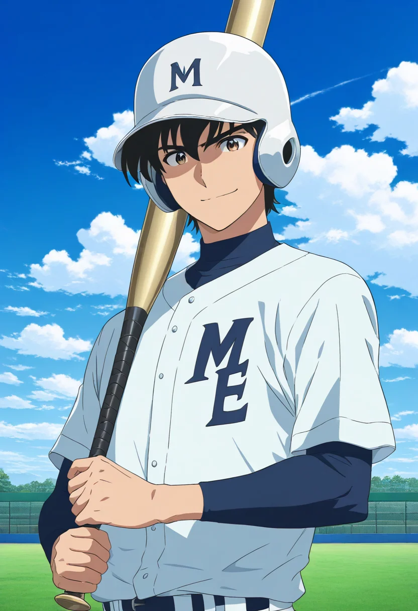 masterpiece,high score,great score,absurdres,goro shigeno,goro shigeno\(east mifune\),1boy,helmet,male focus,baseball uniform,solo,outdoors,sportswear,cloud,smile,sky,looking at viewer,closed mouth,day,upper body,blue sky,holding,long sleeves,shirt,baseball bat,blue shirt,white headwear,short sleeves,holding baseball bat,cloudy sky,white shirt,layered sleeves,mifune east baseball club baseball jersey,baseball helmet,<lora:Goro_Shigeno_V1-1:0.8>,official art,