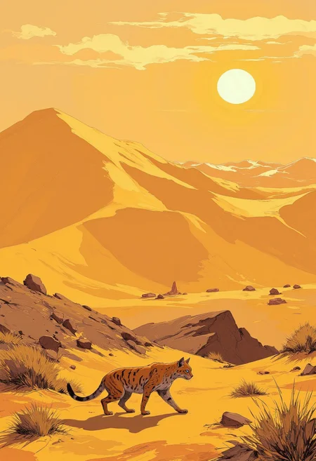a highly detailed, immersive painting of a small sand cat on the hunt in the desert. The sand cat is crouched low, its sleek, sandy-colored coat marked with faint stripes, blending seamlessly with its arid environment. Its piercing eyes are locked onto unseen prey, conveying focus and primal instinct. The desert setting features rolling golden sand dunes, scattered tufts of dry grass, and the subtle texture of windswept patterns in the sand. The warm glow of a setting sun casts long, dramatic shadows, enriching the scene with golden and amber tones. The atmosphere is a harmonious mix of tension and serenity, showcasing the beauty and adaptability of this elusive predator. DB4RZ, DB4RZ style painting, NeoPigma, in the style of cksc, anime, cyberpunk