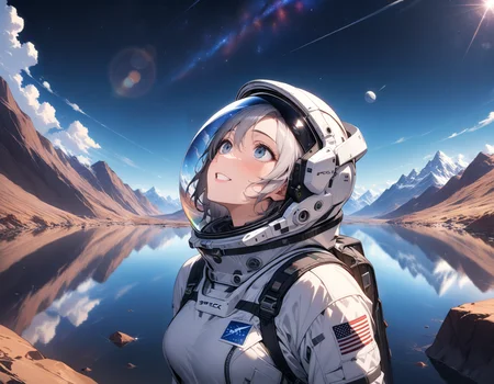 1girl, solo, mature female, <lora:SyFyEye1_XL_v1.0:1> SyFyEye1, astronaut, spacex, spacesuit, glass reflection, refraction, eye reflection, portrait, looking up, happy, amazed, awestruck, standing, outdoors, scenery, rocky surface, mountainous horizon, starry sky, lake, water, caustics, lens flare, science fiction, cinematic, filmic, high budget, (masterpiece), (best quality), (ultra-detailed), very aesthetic, illustration, perfect composition, intricate details, absurdres, <lora:offset_0.2:0.5>, <lora:xl_more_art-full_v1:0.5>, <lora:sdxl2-flat2-512b:-0.5>, <lora:add-detail-xl:0.5>