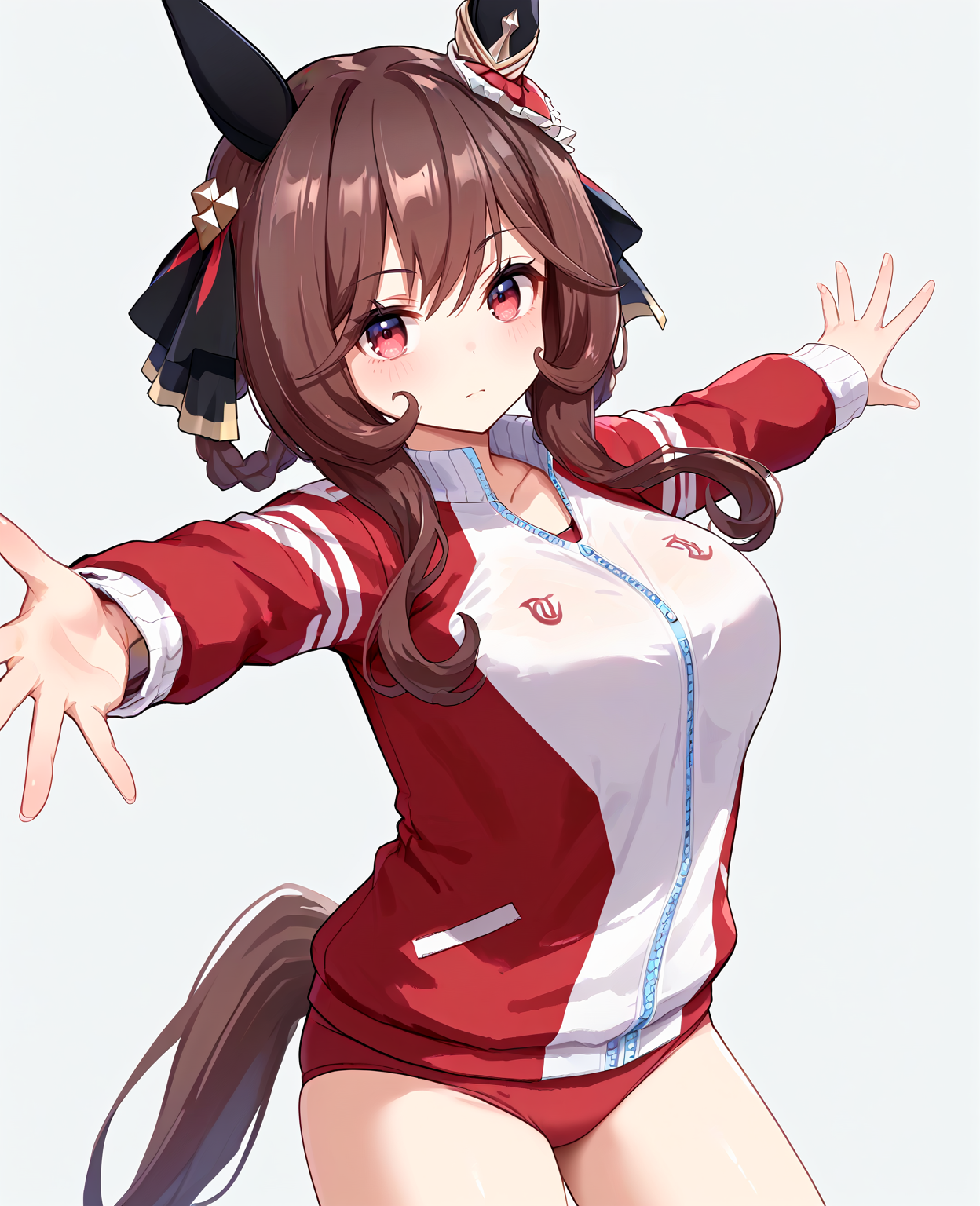 score_9, score_8_up, score_7_up, 1girl, (looking at viewer:1.2), (open mouth:0.6), expressionless,, , simple background,, (outstretched arms:1.2),, (,:1.2),
gentildonna \(umamusume\), <lora:pony_gentildonna_v1.01:1>, horse ears, horse tail, breasts, (large breasts:0.7), (brown hair:0.5),
<lora:_sdxl-um-tracenjersey-pony:0.6>, red jacket, track jacket, , tracenjerseyburuma, red buruma,,,