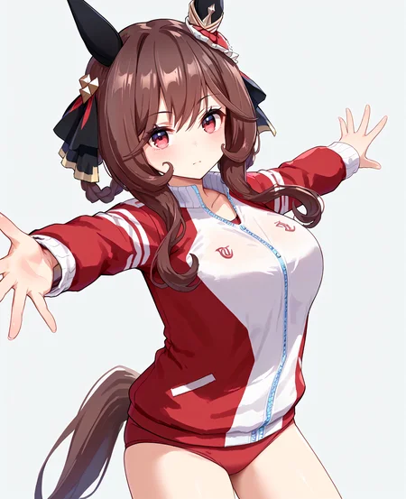 score_9, score_8_up, score_7_up, 1girl, (looking at viewer:1.2), (open mouth:0.6), expressionless,, , simple background,, (outstretched arms:1.2),, (,:1.2),
gentildonna \(umamusume\), <lora:pony_gentildonna_v1.01:1>, horse ears, horse tail, breasts, (large breasts:0.7), (brown hair:0.5),
<lora:_sdxl-um-tracenjersey-pony:0.6>, red jacket, track jacket, , tracenjerseyburuma, red buruma,,,