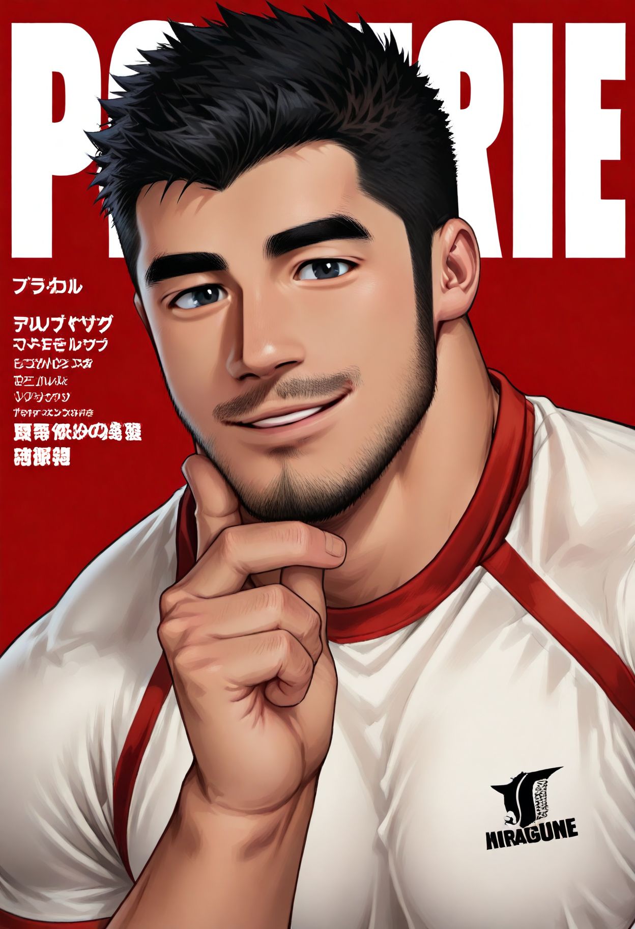 magazine cover,upper body,text background,japanese,text,red background,
advertising poster style,
1boy,bara,muscular male,mature male,male focus,sideburns,black hair,short hair,facial hair,beard,black eyes,thick eyebrows,
sportswear,
looking at viewer,parted lips,smile,hand on chin,
very awa,masterpiece,best quality,absurdres,newest,perfect quality,detailed background,intricate details,
<lora:qjs-vc:0.95>,<lora:illustriousXL_stabilizer_v1.7:0.8>,<lora:hand 5.5:1>,