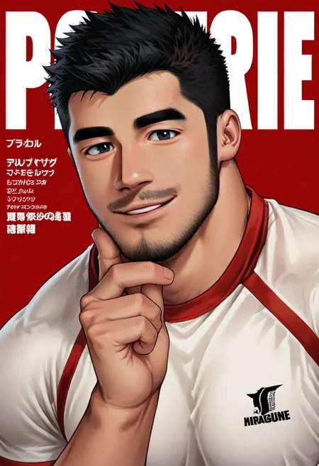 magazine cover,upper body,text background,japanese,text,red background,
advertising poster style,
1boy,bara,muscular male,mature male,male focus,sideburns,black hair,short hair,facial hair,beard,black eyes,thick eyebrows,
sportswear,
looking at viewer,parted lips,smile,hand on chin,
very awa,masterpiece,best quality,absurdres,newest,perfect quality,detailed background,intricate details,
<lora:qjs-vc:0.95>,<lora:illustriousXL_stabilizer_v1.7:0.8>,<lora:hand 5.5:1>,