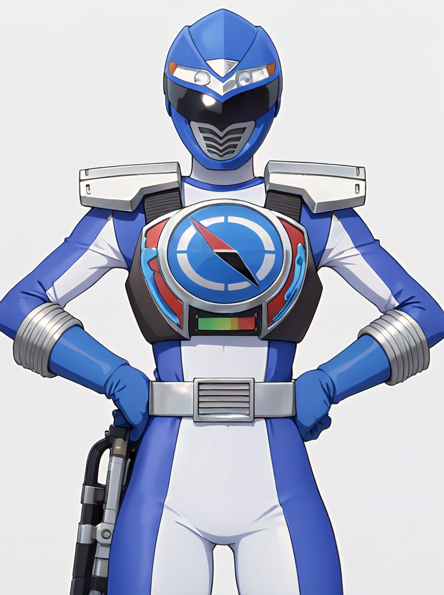 masterpiece, best quality, amazing quality, very aesthetic, absurdres, newest, anime screenshot,  anime coloring, <lora:GoGo_Sentai_Boukenger_CharacterPack:1>tectoblue, robot, solo, tectblu helmet, tectblu armor, tectblu bodysuit, tectblu belt, tectblu gloves,simple background, , white background, upper body, looking at viewer,  hands on own hips,