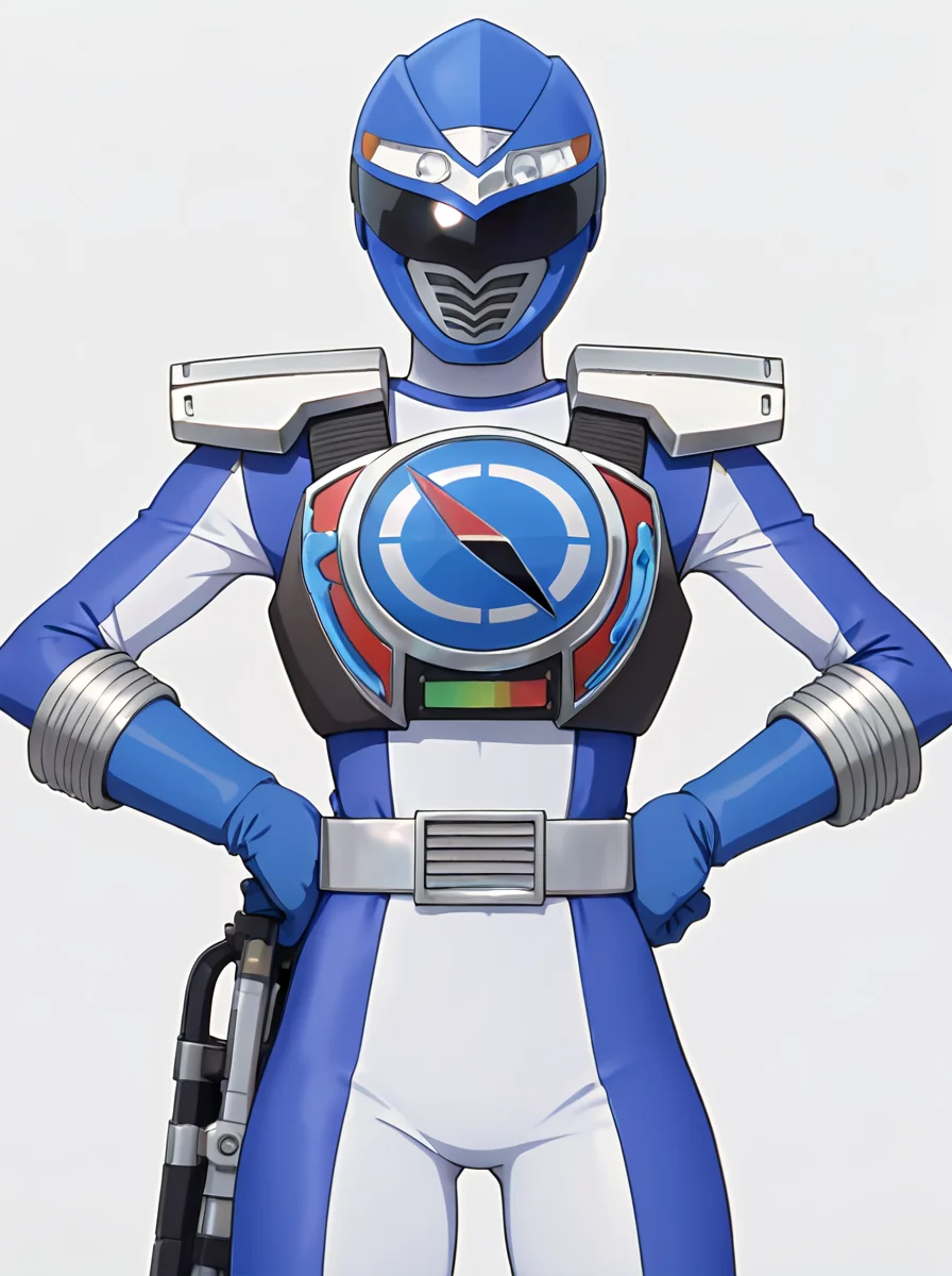 masterpiece, best quality, amazing quality, very aesthetic, absurdres, newest, anime screenshot, anime coloring, <lora:GoGo_Sentai_Boukenger_CharacterPack:1>tectoblue, robot, solo, tectblu helmet, tectblu armor, tectblu bodysuit, tectblu belt, tectblu gloves,simple background, , white background, upper body, looking at viewer, hands on own hips,