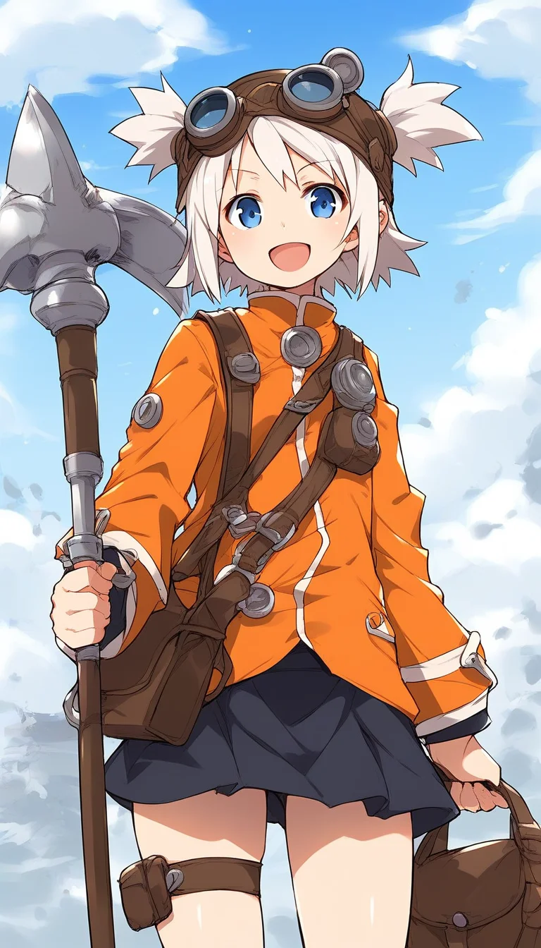 score_9, score_8_up, score_7_up, source_anime, rating_explicit, BREAK <lora:Pratty_XL:1> Pratty, blue eyes, short hair, goggles, white hair, short twintails, hair through headwear, brown headwear,
1girl, solo, open mouth, weapon, smile, holding, looking at viewer, long sleeves, :d, polearm, holding weapon
orange long sleeves, bag, skirt, short twintails, looking at viewer, standing, blue eyes, thigh strap, :d
standing, cowboy_Shot
outdoor, sky,