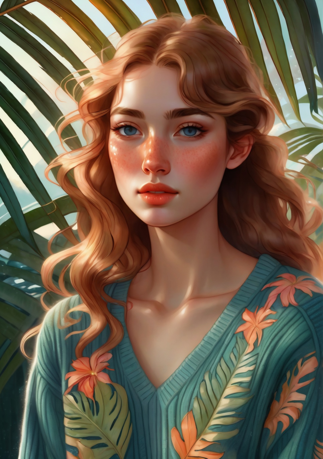 breathtaking art nouveau style painting, a beautiful Icelander human young woman with (light freckles:0.8) and a tired expression, (slender:1.4), wearing a floral print sweater. Chaos explosion of palm leaves. natural skin, textured skin, (High Fantasy aesthetic:1.2), (flash photography:1.3), pastel colors. <lora:CuteLora:1> . elegant, ornate, flowing lines, detailed, decorative,simple . award-winning, professional, highly detailed