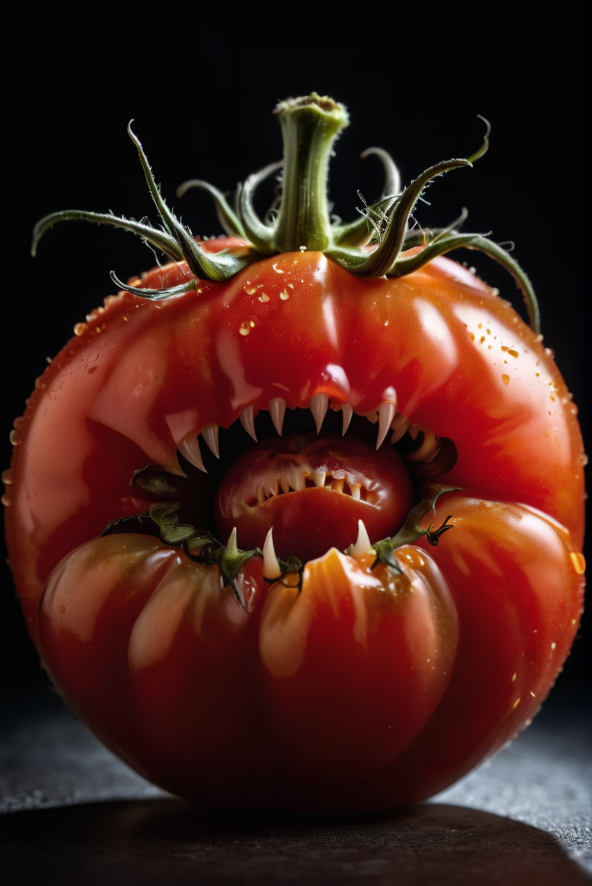 RAW Photography,hybrid angry monster Tomato creature, (sharpness in detail:1.1), Canon EOS 5D Mark IV, masterpiece, 35mm photograph, (iconic photograph:1.4), (visual storytelling:1.2), film grain, award winning photography,vibrant use of light and shadow, vivid colors,high quality textures of materials, volumetric textures  perfect composition, dynamic play of light, rich colors, epic shot, perfectly quality, natural textures,high detail, high sharpness, high clarity, detailed ,photoshadow,  intricate details, 8k