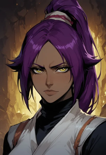 score_9, score_8_up, score_7_up, BREAK, 1woman portrait, beautiful, dramatic lights ((Yoruichi, yellow eyes, purple hair, dark skin, ponytail)) <lora:Fant5yP0ny:0.6> <lora:fantasy_world_pony:0.9> <lora:Cherry-Gig:0.55>