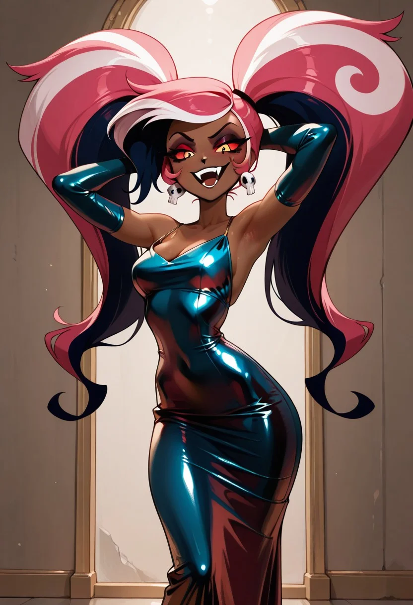masterpiece, best quality, amazing quality, score_7_up, score_8_up, score_9_up,
dynamic angle, dynamic lighting, cartoon,
1girl, velvette \(hazbin hotel\), velvette, dark eyeshadow, red sclera, pink hair, two-tone hair, twintails, long hair, skull earrings, colored skin, dark skin, brown skin, fangs,
celadon dress, fingerless gloves, elbow gloves, detached sleeves,
sexy pose, looking at viewer,
indoors, dark lighting, fashion dolls