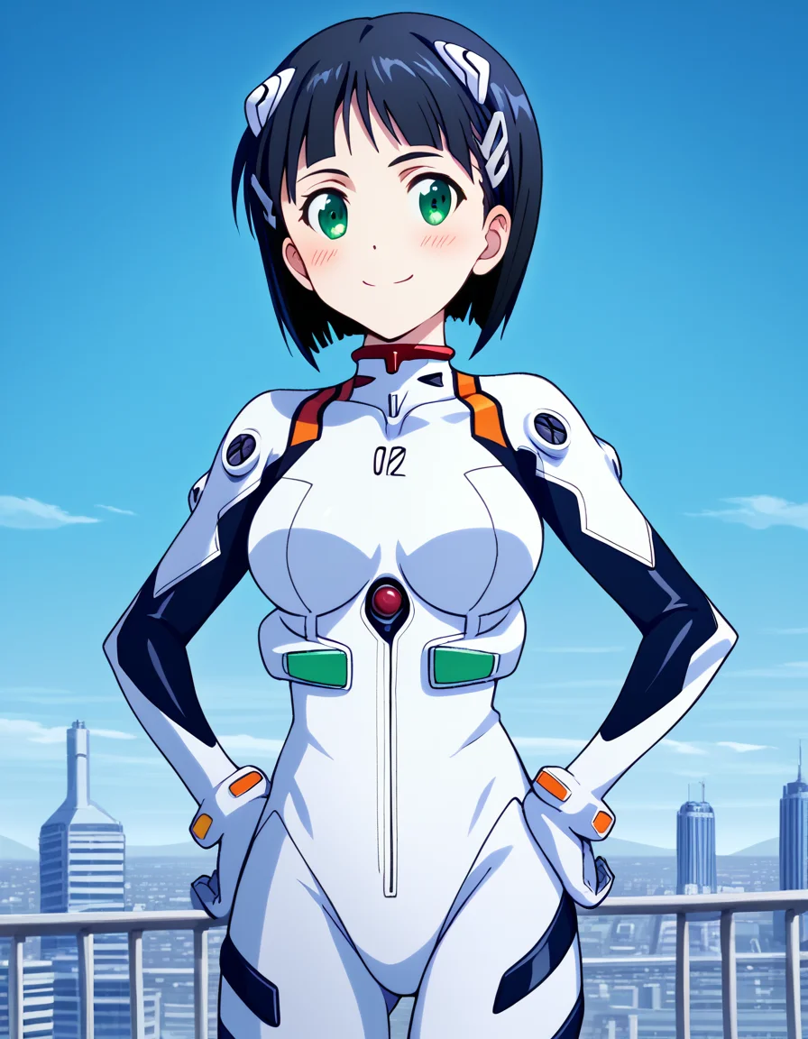 score_9, score_8_up, score_7_up, source_anime, suguhakirigaya, <lora:suguha-kirigaya-s1-ponyxl-lora-nochekaiser:1>, suguha kirigaya, short hair, black hair, hair ornament, hairclip, green eyes, large breasts,, <lora:rei-ayanami-cosplay-ponyxl-lora-nochekaiser:1>, reiayanamicosplay, ayanami rei \(cosplay\), bodysuit, headgear, plugsuit, white bodysuit,, outdoors, cityscape, smile, blush, hands on hips,, cowboy shot, dutch angle, solo,