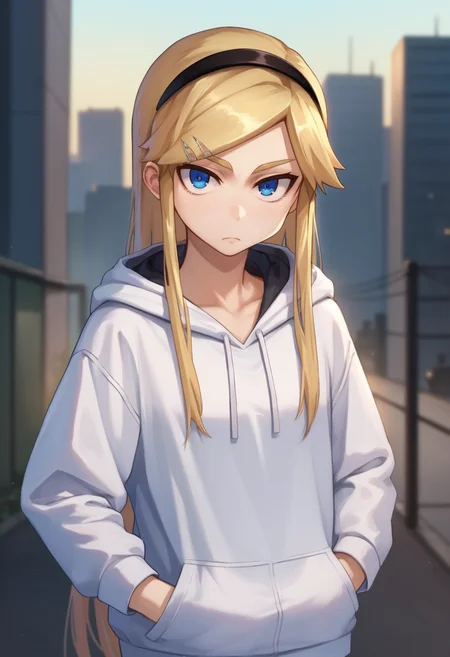 score_9, score_8_up, score_7_up, 1girl,  Kojikira, blonde hair, long hair, blue eyes, hairband, hairpin, hoodie, hands in pockets, looking at viewer, city  <lora:Akira-000008:1>