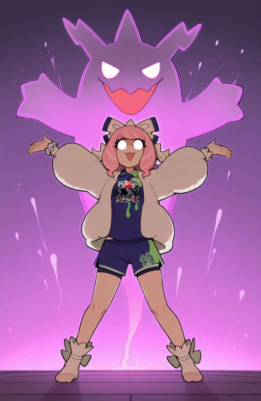 1girl, solo, <lora:TemmieChang_v5:0.9> tmchng,
klara \(pokemon\), pink hair, hair ribbon,, green ribbon-trimmed hoodie, long puffy sleeves , hood up, blue bike shorts, brown bobby socks, no shoes, standing, arms spread wide, infectious smile, glowing eyes, happy spirit, extremely detailed, highres, masterpiece, best quality
