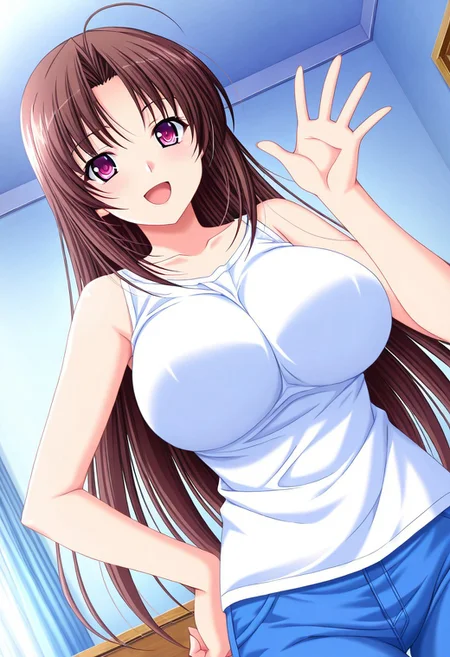 general,highres, ultra-detailed,very aesthetic,best quality ,best hands,best eyes,easynegative,
dynamic anglre, dutch angle, anime cloring,anime screencap,
1girl solo,looking at viewer,bedroom,smile,open mouth,hand on hip,waving hand,
Ryouko SHIRAKAWA,brown_hair, long_hair, purple_eyes, huge_breasts,bare shoulders shirt, pants,