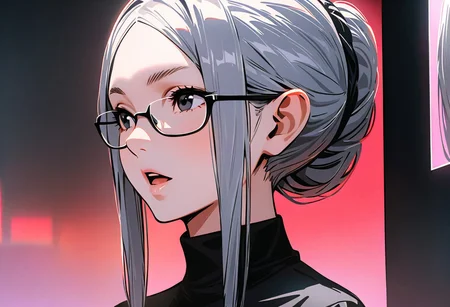 (graphic novel style, dark novel style:1.5),(anime), (masterpiece:1.4), (soft cinematic light:1.1), incredibly lifelike, Extremely high-resolution details, 8k, best quality,extremely detailed, contrast,
high tech design,
 gallery of contemporary art, inside, portrait old woman against the backdrop of a giant floor-to-ceiling window, through which one can see a city landscape with skyscrapers and a sunset , open mouth, one portrait ((elderly)) woman in a ((black long dress)) and black high-heeled shoes, elderly, old woman, [Nordic], Hourglass elongated body, Oval Face, Long neck, Rounded shoulders, long slim thin arms, Attached Pointed ears, round forehead, (gray Updo short combed back hair), snub nose, Arched eyebrows, Monolid black Eyes, High Round Narrow cheekbones, Hollow Cheeks, Rounded Chin, Rounded Jawline, thin Lips, (black eyes), (square glasses), Wrinkles and Fine Lines,