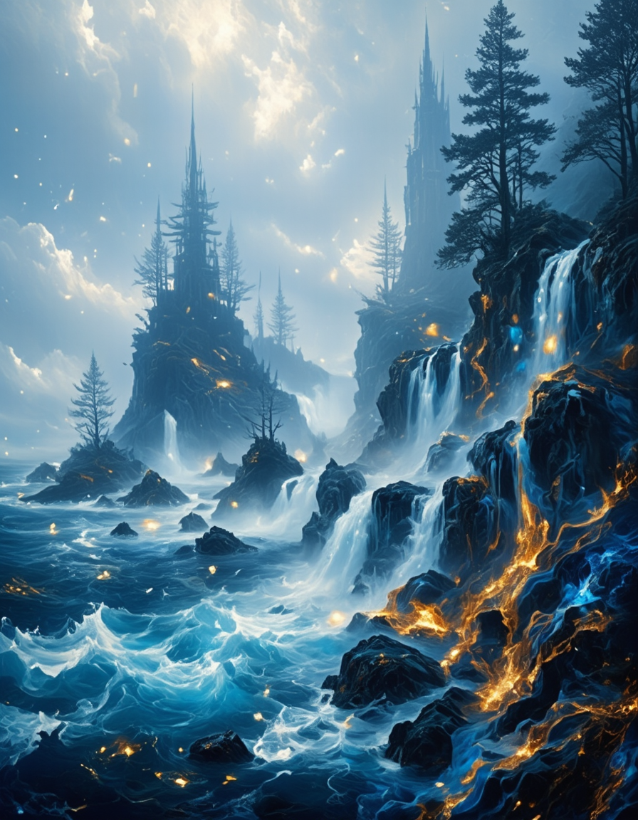 <lora:Medieval_Worlds_Scenery01bflux:1> mwl01, scenery, bokeh, trees, fantasy, rocks, shiny diamonds, photo, rough sea, islands, frozen walls, waterfall, gold, blue, marble, T8, snow, skylight through clouds, mist, clouds