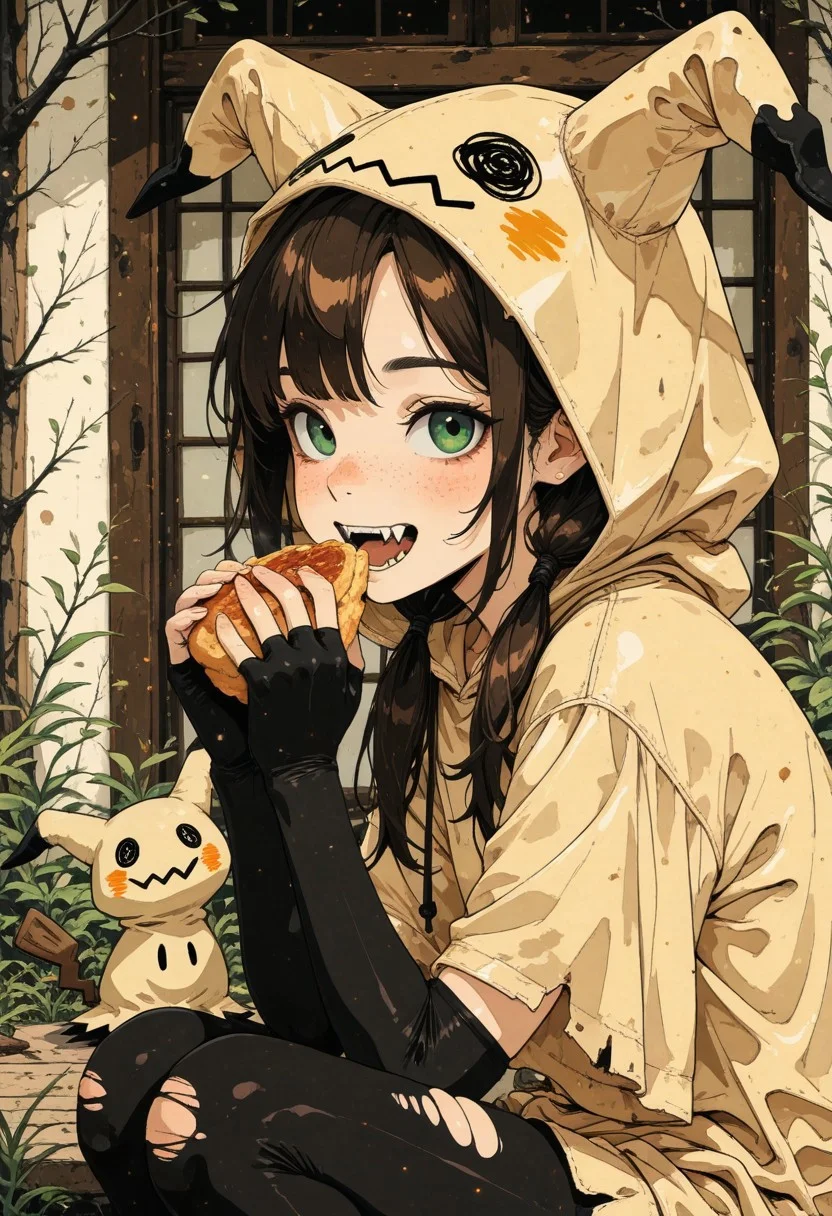 (in style of fujimoto tatsuki \(style\),:1.2), ligne claire, ukiyo-e,
1girl,
masterpiece, best quality, amazing quality,
green eyes, dark-brown hair, freckles, (asymmetric bangs), low-twintails,
mimikyu_cosplay, personification, hood up, short sleeves, torn clothes, leggings, fingerless elbow gloves,
(large fangs:1.2), happy, eating, looking at viewer, from side, close-up,
very aesthetic, absurdres, hyper-detailed, 8k uhd, absolutely eye-catching, ambient occlusion, raytracing, score_9, score_8_up, score_7_up,