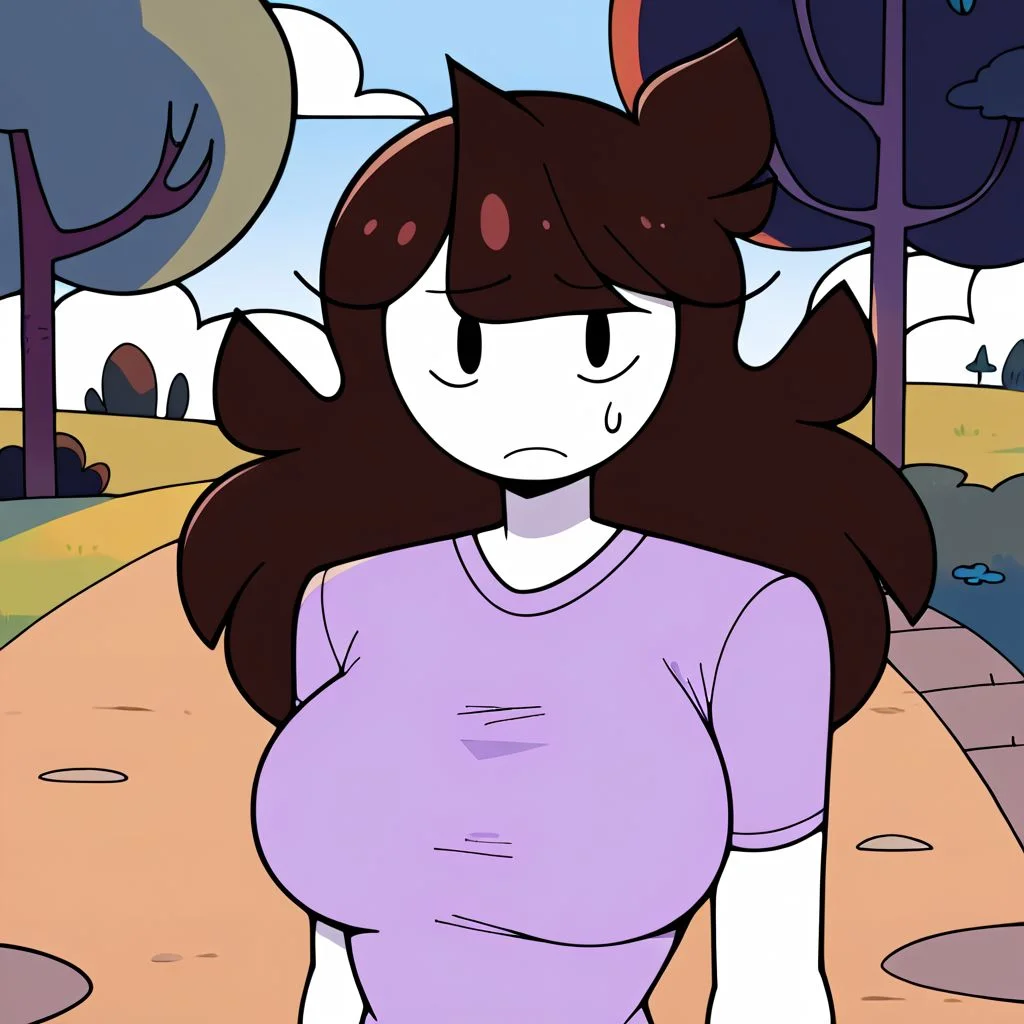 Score_9, score_8_up, score_7_up, source_anime, source_explicit, jaiden animations, white skin, brown hair, long hair, (optional) purple shirt, large breasts, looking at viewer, slight frown, sweating, outdoors, trees, path in the woods, worried, concerned, attractive woman, voluptuous woman, beautiful woman, jaiden, 1girl, purple shirt, long hair, solo, brown hair, flat color, short sleeves, white skin, black eyes