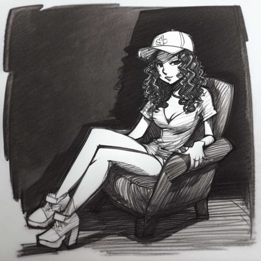 drawix21 girl with long dark curly hair, a gangster in a cap, sitting on a large dusty armchair in a dark room, black ink<lora:drawix21:1>