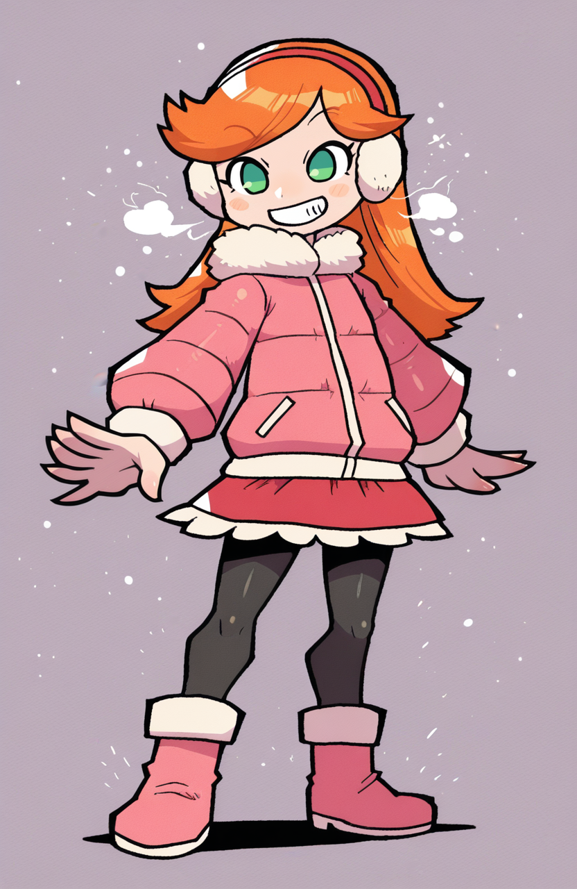 1girl, solo, <lora:rariatoo:1> rariatto,
<lora:Lieselotte-DQX:0.6> liz \(dqx\), orange hair, long hair, swept bangs, green eyes, child, winter outfit, puffy jacket, flared skirt, black pantyhose, ankle boots, earmuffs, standing, arms outstretched, wide grin, energized eyes, lively stance, extremely detailed, highres, masterpiece, best quality