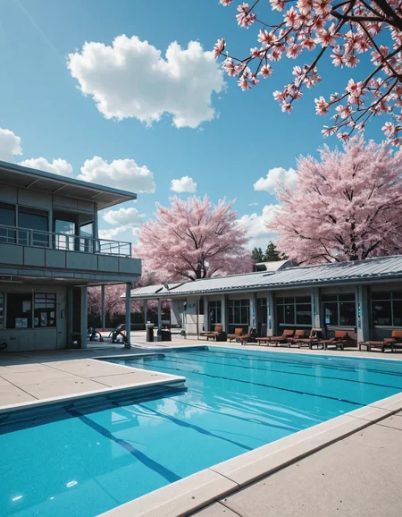 <lora:CWMinis01v2illa:1> cw01mini, cyberpunk, japanese school, design, day, photo, trees, vegetation, blue sky, clouds, pool, cherry blossom,