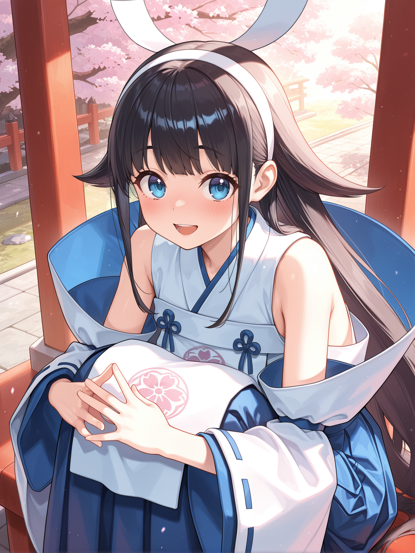shinonome the vaylantz priestess, 1girl, solo,, blush, looking at viewer, open mouth, sidelocks, smile, white hairband, white ribbon-trimmed sleeves, white sleeveless kimono, blue hakama skirt, white breast curtain, knees to chest, knees under clothes, from above, cherry blossoms, 
masterpiece,best quality,amazing quality,very aesthetic,absurdres,newest,scenery,extreme detail,8k,light particles,soft lighting,volumetric lighting,intricate details,finely detailed,detailed eyes,<lora:Shinonome the Vaylantz Priestess illusXL v1.1:0.75>,