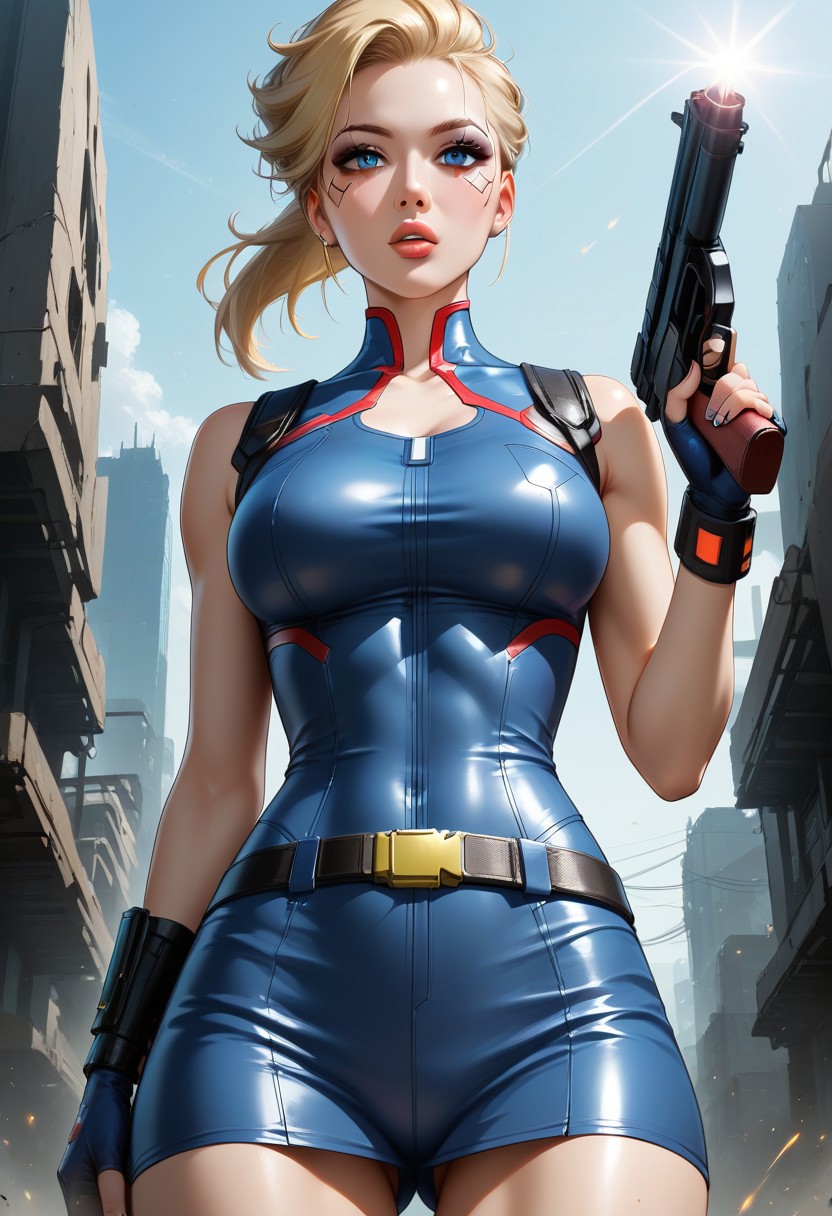 woman in cyberpunk era, young, fallout series soldier, cartoon, anime, slim, fit and slender figure, firm breasts, she is a villain standing above viewer, view from below, aiming gun at me, blonde ponytail hair, alluring makeup, captivating blue eyes, an upturned nose, a delicate jawline, parted pouty full lips, slutty uniform,