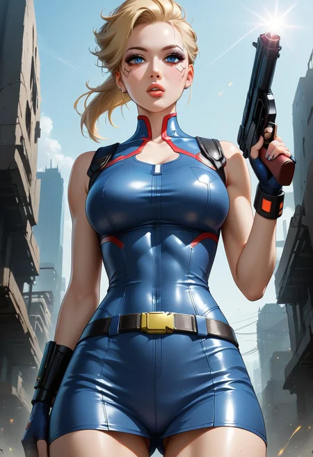 woman in cyberpunk era, young, fallout series soldier, cartoon, anime, slim, fit and slender figure, firm breasts, she is a villain standing above viewer, view from below, aiming gun at me, blonde ponytail hair, alluring makeup, captivating blue eyes, an upturned nose, a delicate jawline, parted pouty full lips, slutty uniform,