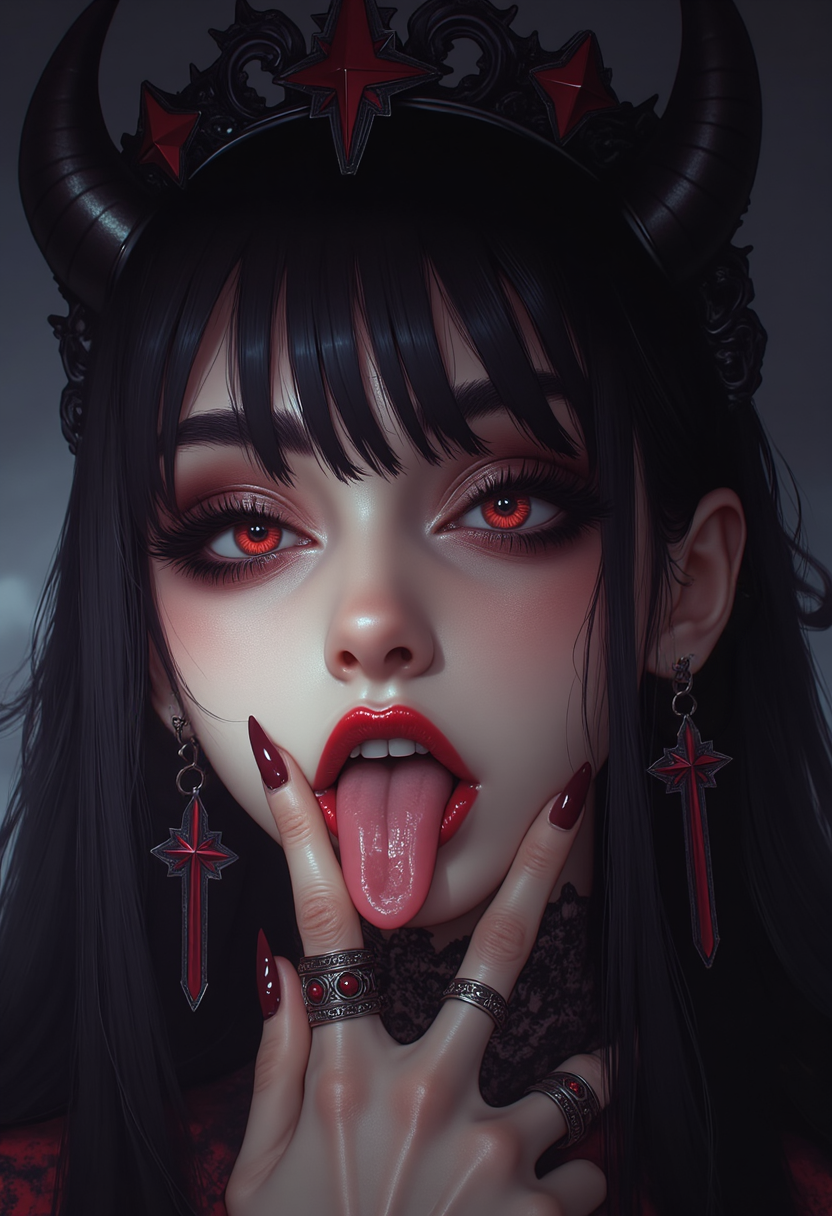 cinematic film still style of "Viona Ielegems", ,demonic glamour shot,  Photorealistic close up  portrait of a hauntingly beautiful succubus with a delicate face, her piercing, glowing orange eyes radiating supernatural allure. She has long flowing beautiful jet-black hair with strands framing her face. Her flawless pale skin is accentuated by the contrast of light hitting one side of her face, leaving the other in shadow, very dark smokey intimate location, dark allure , fangs , sharp teeth
She wears a lace choker , blending dark fantasy elegance with an air of seduction and danger. Her blood-red lips curve into a knowing smirk,She raises one hand and  holds two fingers  over her lips in a V-shape, sticking out her long demonic tongue between her fingers,  in a teasing, flirtatious manner,   staring directly at the viewer with an intense, hypnotic gaze. The background is silhouetted, creating a dark dramatic and mysterious atmosphere,smoikey,   Hyper-detailed, photorealistic, moody lighting, gothic fantasy, surreal beauty, pure evil, darkness, seductress, delicate feminine hand,, <lora:aidmaMJ6.1_v0.5_3:0.5> <lora:MoriiMee_Gothic_Niji_Style__FLUX_LoRA_Test_2:0.8> . shallow depth of field, vignette, highly detailed, high budget, bokeh, cinemascope, moody, epic, gorgeous, film grain, grainy