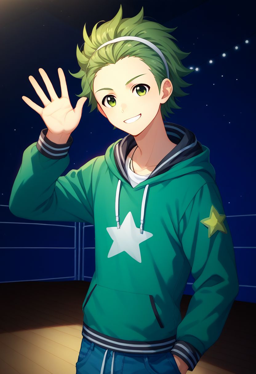 score_9, score_8_up, score_7_up, source_anime, highly detailed, 
mitarai, male focus, 1boy, solo, green hair, green eyes, smile, hoodie, hood, hairband, star (symbol), waving, badge, stripes,
pink blackground, stars (symbol), lights,  stage,