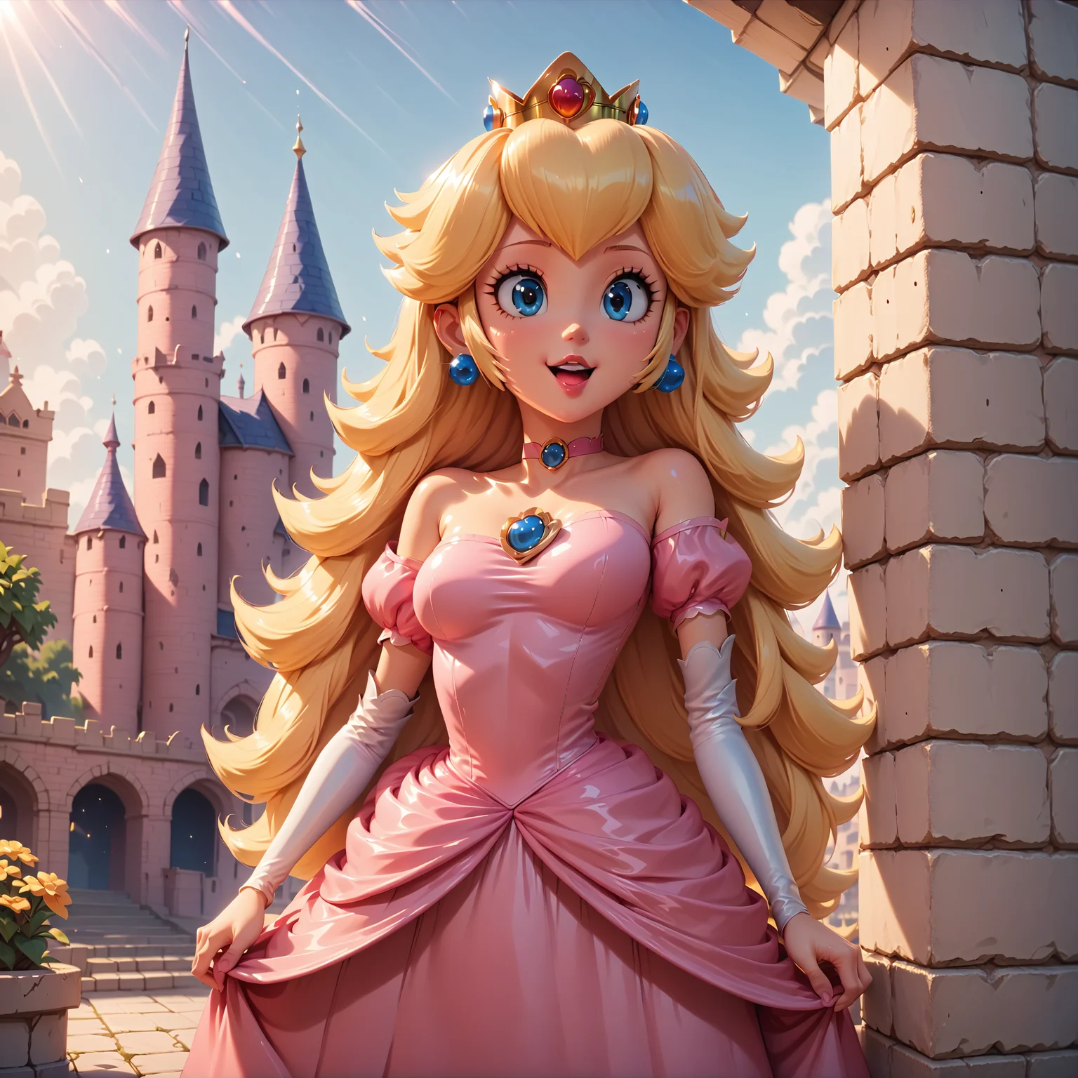 score_4,score_5,score_6,score_7_up,score_8_up,score_9 BREAK 1girl,solo,jewelry,earrings,long hair,breasts,very long hair,big hair,choker,dress,medium breasts,bare shoulders,:d,outdoors,smile,open mouth,<lora:Princess_Peach_Shiny_Style_V2:0.8>,shiny,shiny skin,princess peach,castle,