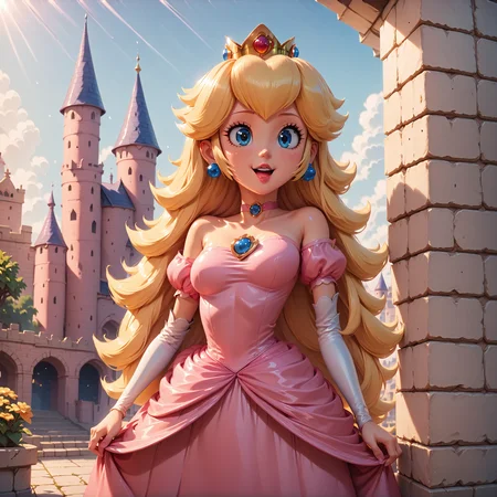 score_4,score_5,score_6,score_7_up,score_8_up,score_9 BREAK 1girl,solo,jewelry,earrings,long hair,breasts,very long hair,big hair,choker,dress,medium breasts,bare shoulders,:d,outdoors,smile,open mouth,<lora:Princess_Peach_Shiny_Style_V2:0.8>,shiny,shiny skin,princess peach,castle,