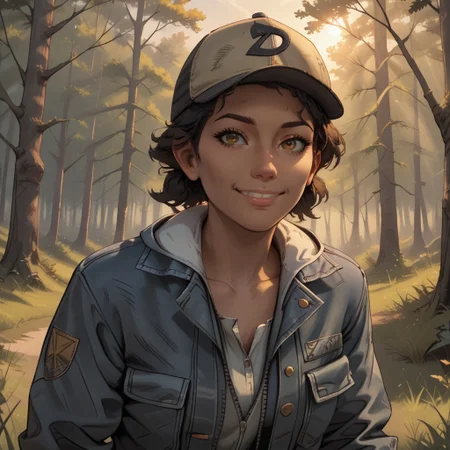 score_9, score_8, BREAK, solo, ,ClemTWD, dark-skinned female, dark skin, dark hair, short hair, brown eyes, denim jacket, cargo pants, high boots, cap, sexy pose, self portrait, smile, outdoors, sunlight, shadows, evening lighting, natural lighting, forest, trees, grass, orange sky, sunset