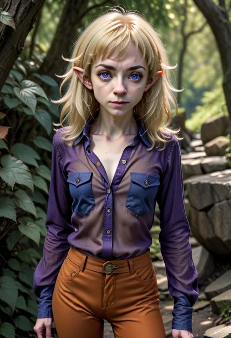photo of pale (Age 19) female (halfling:1.75), (flat chested, rectangle body shape), (shaggy blonde, middle part), blue eyes, ((Dark purple)/(Dark Orange) masculine shirt/pants), homely, tiny, petite, thin, toned, lithe, full body, outdoors, HDR