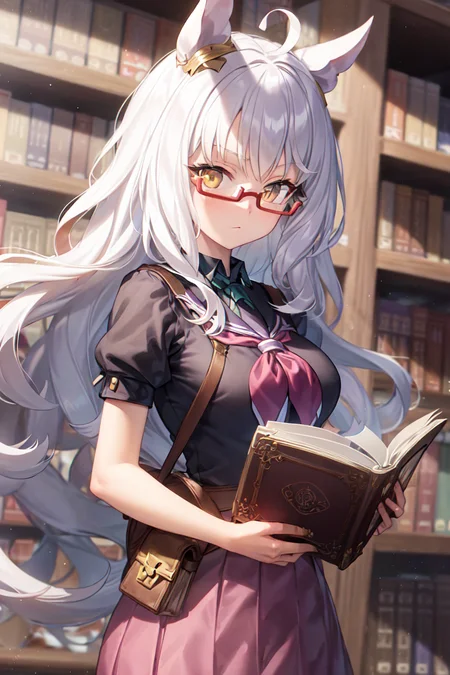 masterpiece, best quality,
biwa hayahide \(umamusume\),
semi-rimless eyewear, under-rim eyewear, red-framed eyewear, book, glasses, holding, bookshelf, purple skirt, holding book, closed mouth, under-rim eyewear, black shirt, neckerchief, short sleeves, library, shoulder bag,
<lora:biwa_hayahide_locon_0.99:0.6>