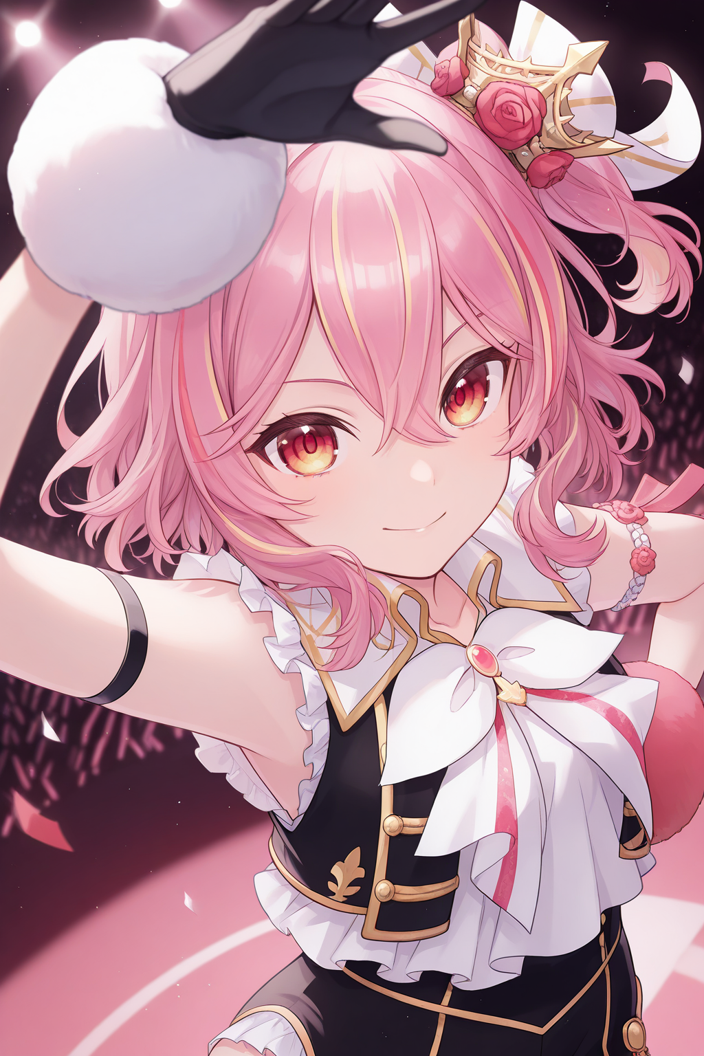 1girl, RLIdolHairstyle, RLIdolCostume,
general, solo, perspective, dynamic angle, upper body,
medium hair, pink hair, short sidetail, multicolored hair, red eyes, 
idol, mini crown, red rose,
vest, sleeveless, white bowtie,
armband, black gloves, asymmetrical gloves,
black shorts,
looking at viewer, light smile,
depth of field,
<lora:kp_RosemiLovelockNijisanjiIllustrious_v1_0:1.0>,
masterpiece, best quality, amazing quality