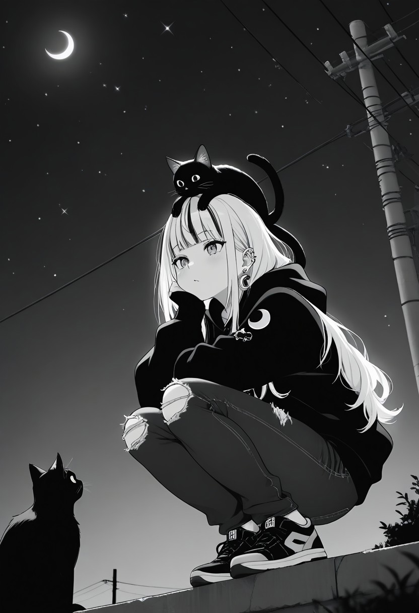 masterpiece, best quality, amazing quality, LDSCH, aesthetic, 1girl, crescent_moon, cat, virtual_youtuber, animal_on_head, on_head, long_hair, moon, sneakers, sky, shoes, power_lines, solo, cat_on_head, squatting, pants, bangs, hood, jewelry, night, earrings, outdoors, utility_pole, torn_pants, torn_clothes, star_\(sky\), ear_piercing, piercing, hoodie, head_rest, animal, black_cat, hair_behind_ear, jacket, monochrome, starry_sky, night_sky, torn_jeans, sitting