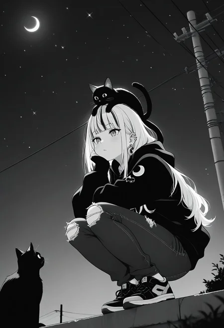 masterpiece, best quality, amazing quality, LDSCH, aesthetic, 1girl, crescent_moon, cat, virtual_youtuber, animal_on_head, on_head, long_hair, moon, sneakers, sky, shoes, power_lines, solo, cat_on_head, squatting, pants, bangs, hood, jewelry, night, earrings, outdoors, utility_pole, torn_pants, torn_clothes, star_\(sky\), ear_piercing, piercing, hoodie, head_rest, animal, black_cat, hair_behind_ear, jacket, monochrome, starry_sky, night_sky, torn_jeans, sitting