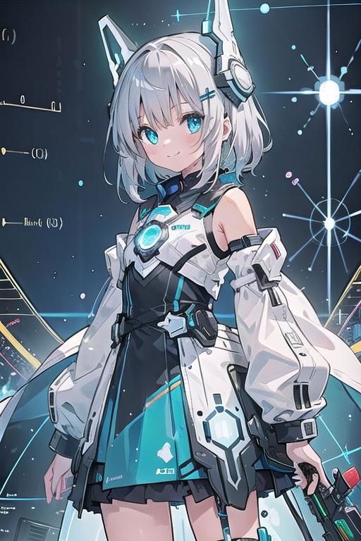 (masterpiece), (science fiction:1.4), 1girl, standing, smile, silver hair, aqua eyes, headgear, long sleeves, detached sleeves, glowing energy clothing, light particles
