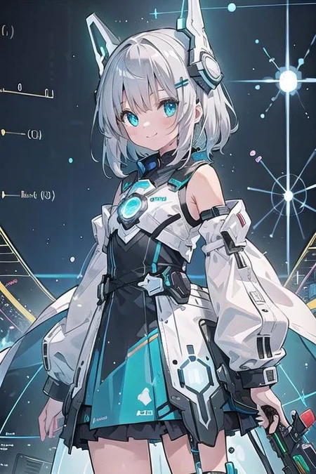 (masterpiece), (science fiction:1.4), 1girl, standing, smile, silver hair, aqua eyes, headgear, long sleeves, detached sleeves, glowing energy clothing, light particles