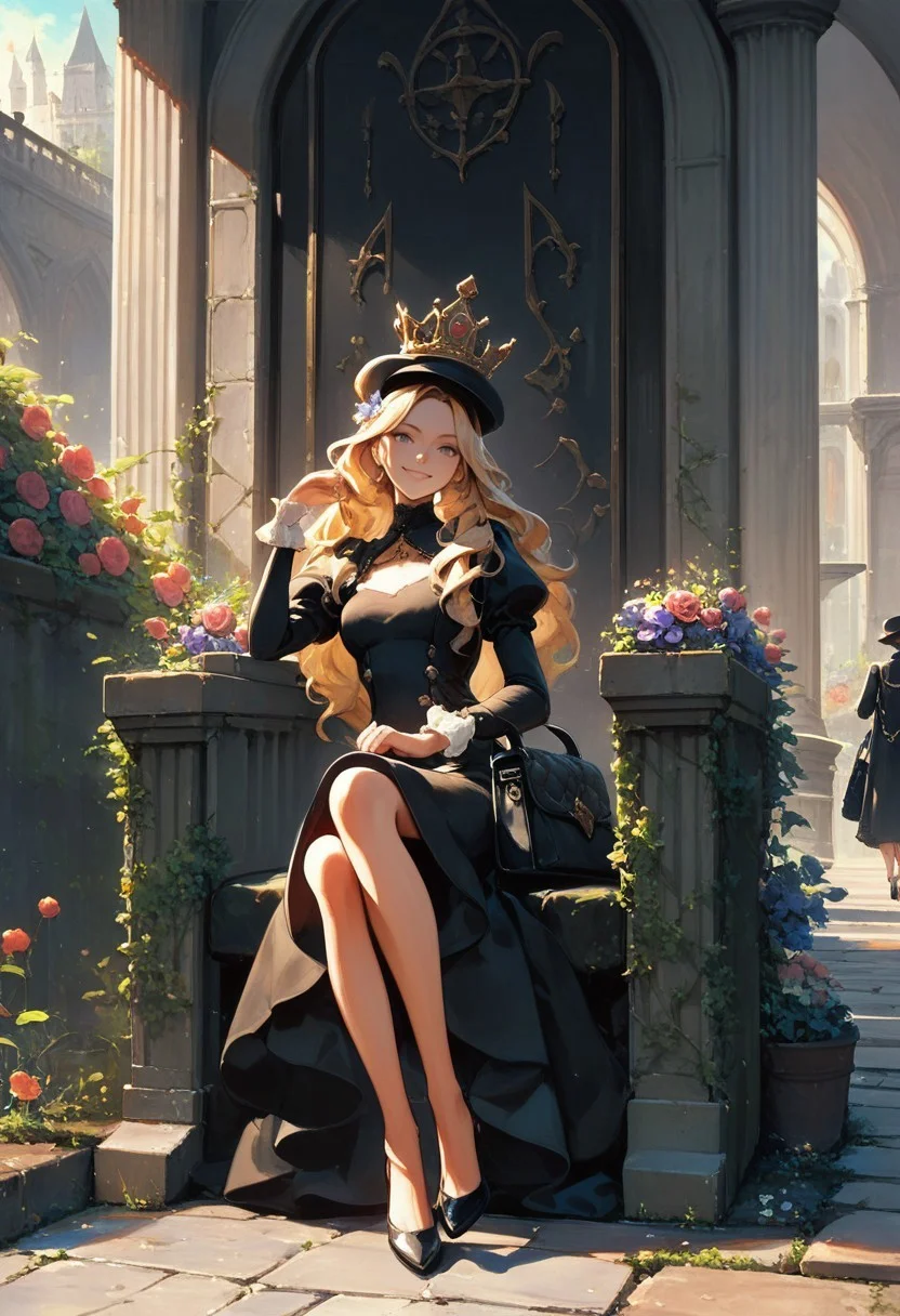 score_9, score_8_up, score_7_up, oil painting style, colorful pencil drawing, 1girl, arch, bag, black dress, dress, full body, hat, hat flower, jewelry, long sleeves, looking at viewer, outdoors, pavement, puffy sleeves,long hair, smile, royal dress, crown, sitting on throne,