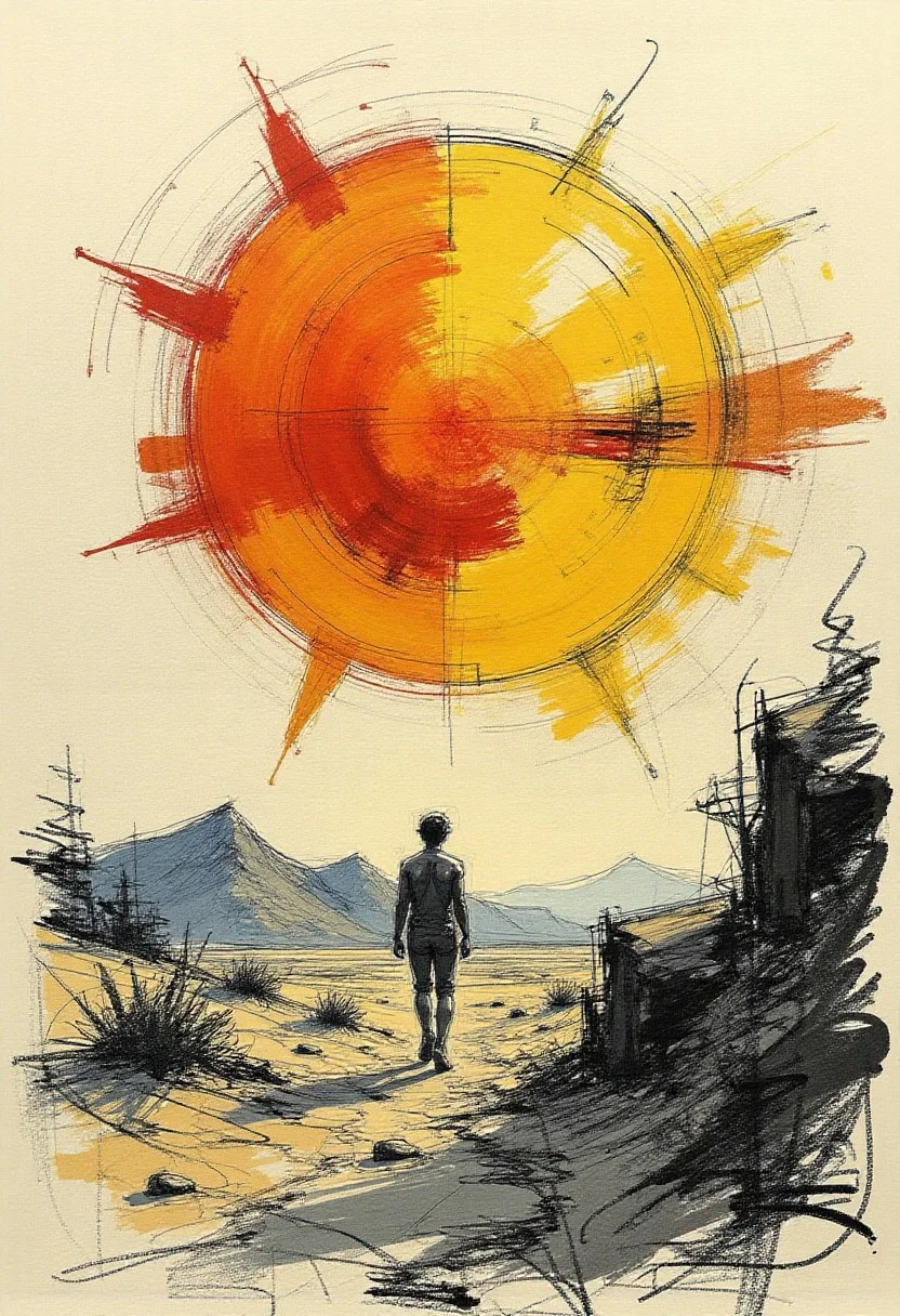 Text is part of the track "Burning Sun by Monolink"
colored sketch in the style of ck-ccd,
I dreamt I had a dream out in the desert
Lying naked underneath a liquid sky
I had no past as time was moving backwards
Just the burning sun reflected in my eye
I crawled onto an island made of plastic
Where every life's condemned to be undone
Take me back to where it all once started
Take it all back home to the yellow burning sun
And then I dreamt I fell in love with every heartbeat
I got up from my knees and learned to run
I saw things be born, and I saw things are dying
In the haze of the yellow burning sun