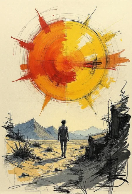 Text is part of the track "Burning Sun by Monolink"
colored sketch in the style of ck-ccd,
I dreamt I had a dream out in the desert
Lying naked underneath a liquid sky
I had no past as time was moving backwards
Just the burning sun reflected in my eye
I crawled onto an island made of plastic
Where every life's condemned to be undone
Take me back to where it all once started
Take it all back home to the yellow burning sun
And then I dreamt I fell in love with every heartbeat
I got up from my knees and learned to run
I saw things be born, and I saw things are dying
In the haze of the yellow burning sun