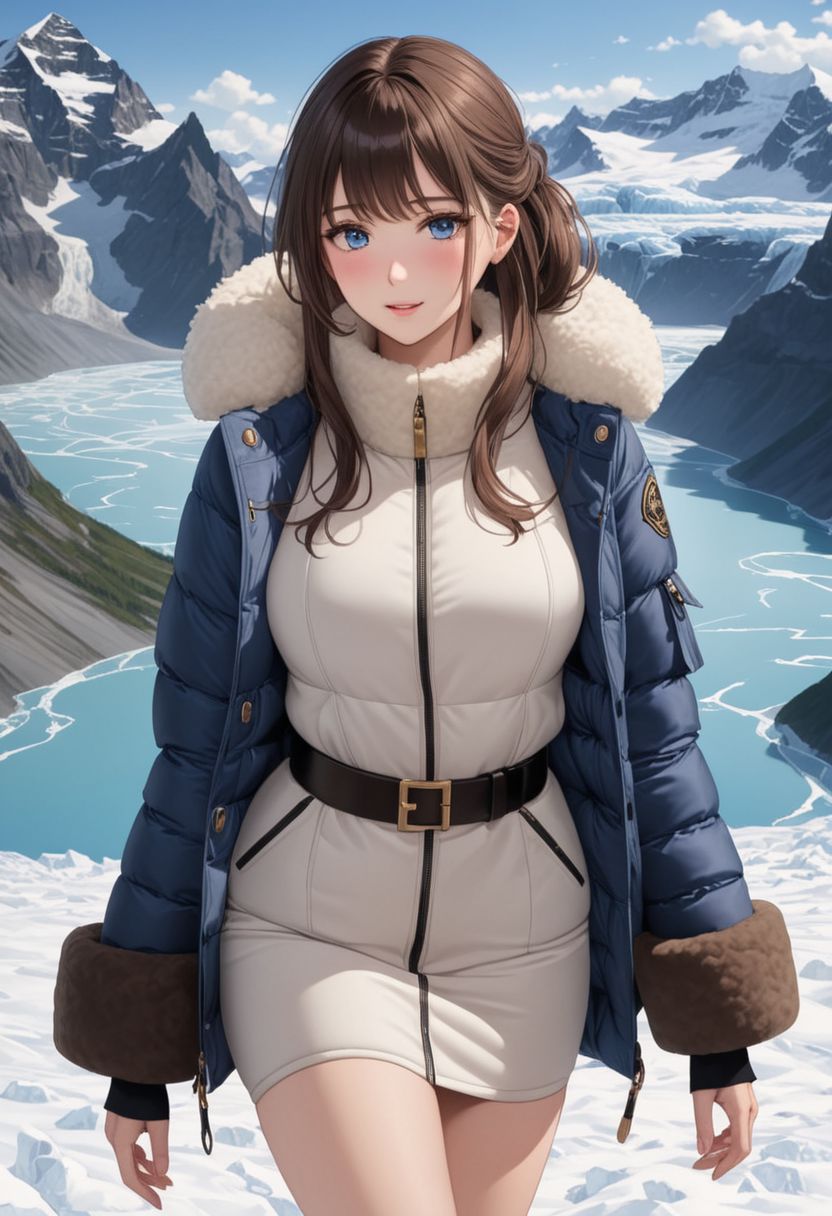 ((((white Oversized shearling down jacket)))), ((((white Oversized shearling puffer jacket)))), ((((white Oversized shearling winter clothes)))), ((((very very cold, in cold)))), ((((semi-realistic)))), ((((puffer hood)))), ((medium knee office skirt, pantyhose, boots)), ((((full body shot)))), ((sharp eyelid, eyeliner, eyelashes, beautiful detailed eyes, tsurime, long messy brown hair, blue eyes, perfect anatomy)), detailed fingers, solo, smile, standing, icefield, ((((masterpiece)))), ((((best quality)))), ((intricate details)), RAW, 8K UHD, (1girl), office lady, detailed face, beautiful face, charming, bonny, (((blush))), (((heavy breathing))), (((feels orgasm))), wind, (Thick padded collar:1.4), (TSH:1.4), (Thick padded cuffs:1.4)