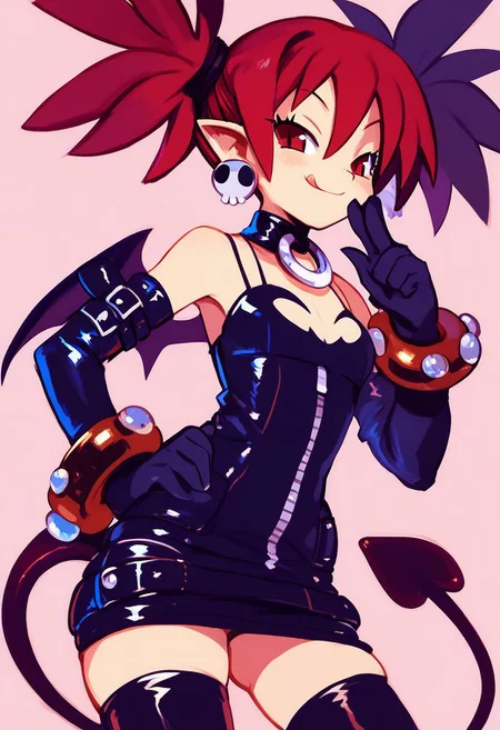 score_9, score_8_up, score_8, (curvy), cute, eyelashes, zPDXL2, Expressiveh,
BREAK,
etna (disgaea), red eyes, red hair, twintails, pointy ears, choker, 1girl, bat wings, bracelet, , demon tail, earrings, gloves, jewelry, , solo, tail, tongue, wings,
hand on hip, smile, smug,
hand on hip,