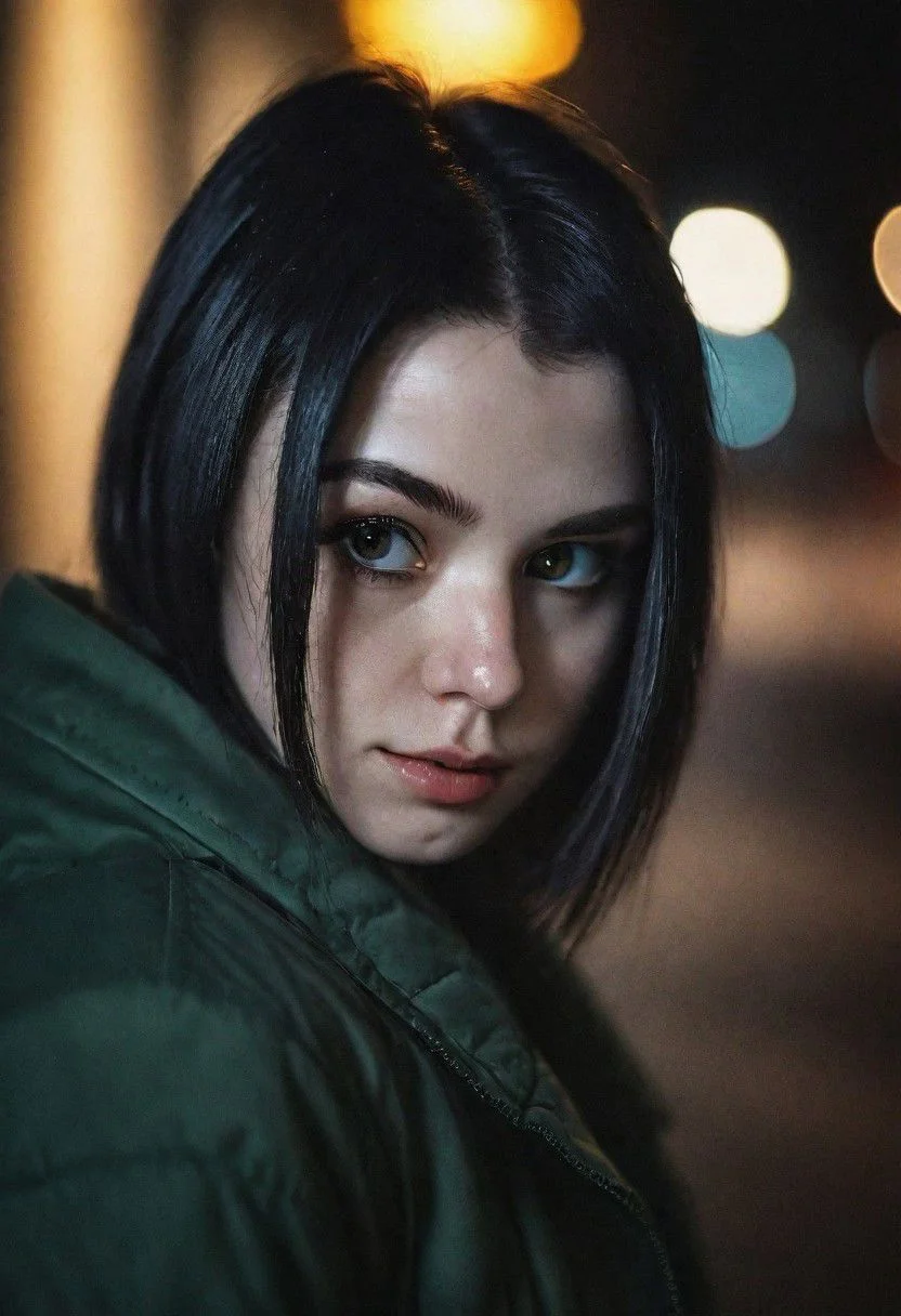 Portrait face Solo female ciborg in city, photograph ,pale beautiful Irish woman, black hair, beautifull eyes, night time, cinematic composition, cinematic filtering