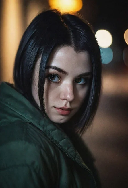 Portrait face Solo female ciborg in city, photograph ,pale beautiful Irish woman, black hair,  beautifull eyes, night time, cinematic composition,  cinematic filtering