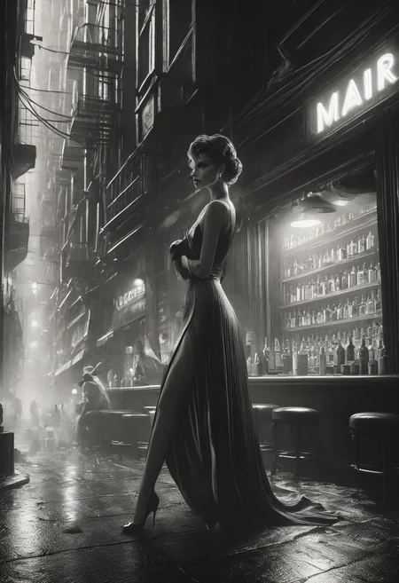 score_9, score_8_up, score_7_up, score_6_up, mad-sincity, noir, monochrome, very aesthetic, masterpiece, best quality, highres, absurdres, cinematic lighting, dynamic angle, detailed, intricate details, perfection,
BREAK,
2girls, ((duo)), 24yo, beautiful face, full lips, long hair, medium breasts, nightclub, being hugged, hugged from behind, 
BREAK,
short skirt, crop top, waitress, sweater
in a crowded bar, people in the background,