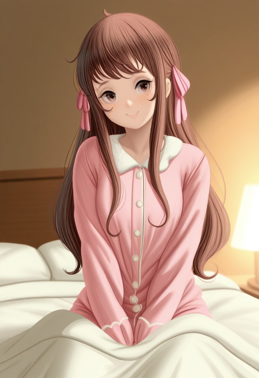 NunemiArt,
 score_9, score_8_up, score_7_up, masterpiece, best quality, amazing quality, very aesthetic, absurdres, newest, in a bedroom, girl on a bed, tooru honda, solo, brown hair, brown eyes, long hair, hair ribbons, pink ribbons, sitting down, soft smile, looking at viewer, cozy blanket, morning light, relaxed pose, gentle expression, pastel tones, soft pajamas, warm atmosphere, peaceful moment, (masterpiece, best quality, highres:1.2), (intricate and beautiful:1.2), (beautiful detailed eyes:1.2), detailed light, (soft lighting, side lighting, reflected light), light freckles
,Single View,NunemiArt