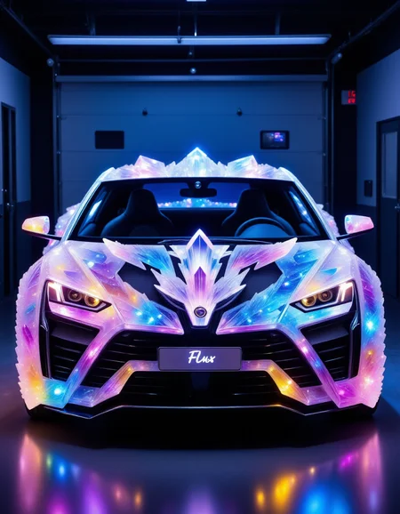 a bioluminescent sportscar made out of colourful auraquartz crystals, parked in a garage , on the license plate there is a sign with the word "Flux ", , <lora:Flux_Auraquartz:1>,<lora:BioIceCrystalsFlux:0.7>